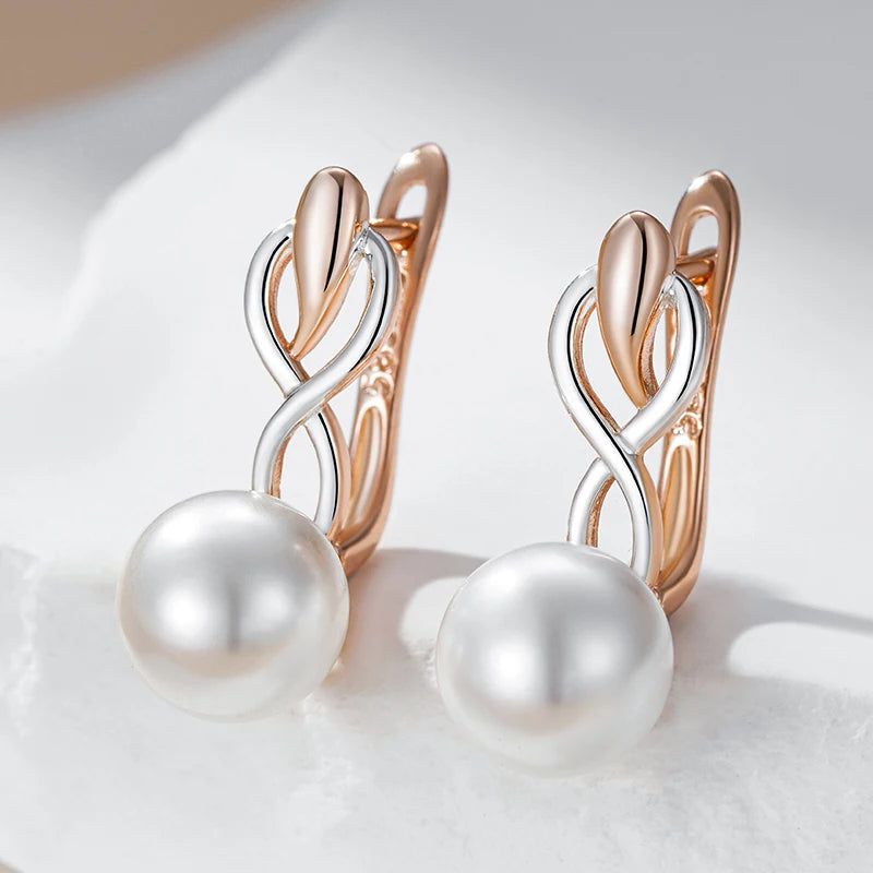 Geometric Elegance Pearl Drop Earrings in 585 Rose Gold and Silver with Natural Zircon Accents