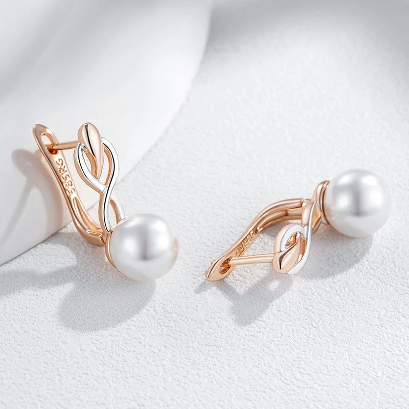 Geometric Elegance Pearl Drop Earrings in 585 Rose Gold and Silver with Natural Zircon Accents