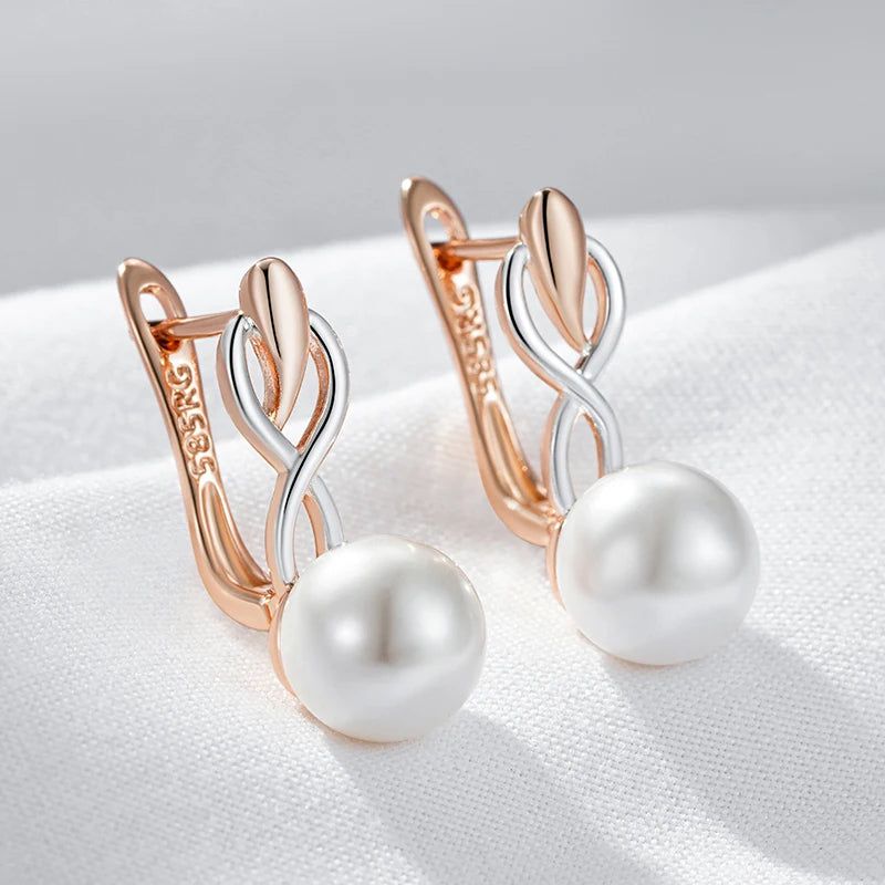 Geometric Elegance Pearl Drop Earrings in 585 Rose Gold and Silver with Natural Zircon Accents