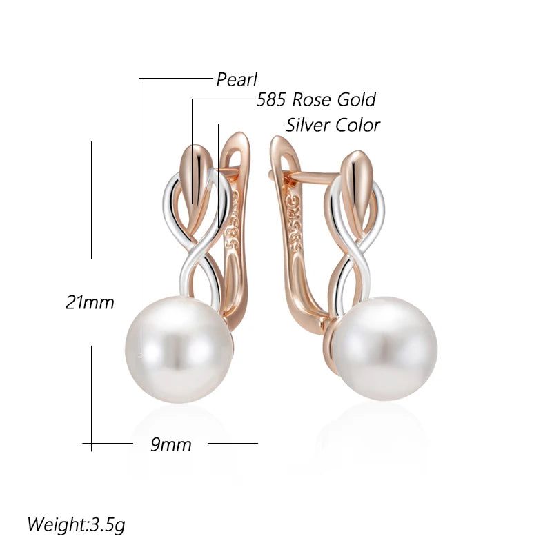 Geometric Elegance Pearl Drop Earrings in 585 Rose Gold and Silver with Natural Zircon Accents