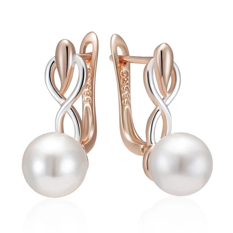 Geometric Elegance Pearl Drop Earrings in 585 Rose Gold and Silver with Natural Zircon Accents