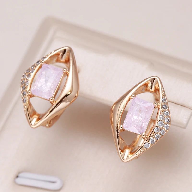 Geometric Elegance: Pink Natural Zircon Drop Earrings in 585 Rose Gold