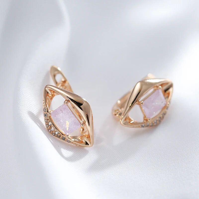 Geometric Elegance: Pink Natural Zircon Drop Earrings in 585 Rose Gold