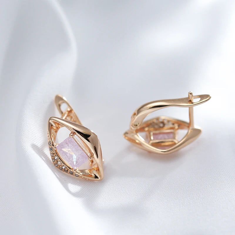 Geometric Elegance: Pink Natural Zircon Drop Earrings in 585 Rose Gold