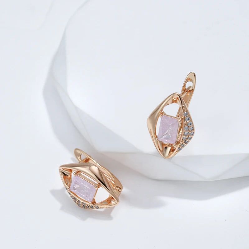 Geometric Elegance: Pink Natural Zircon Drop Earrings in 585 Rose Gold