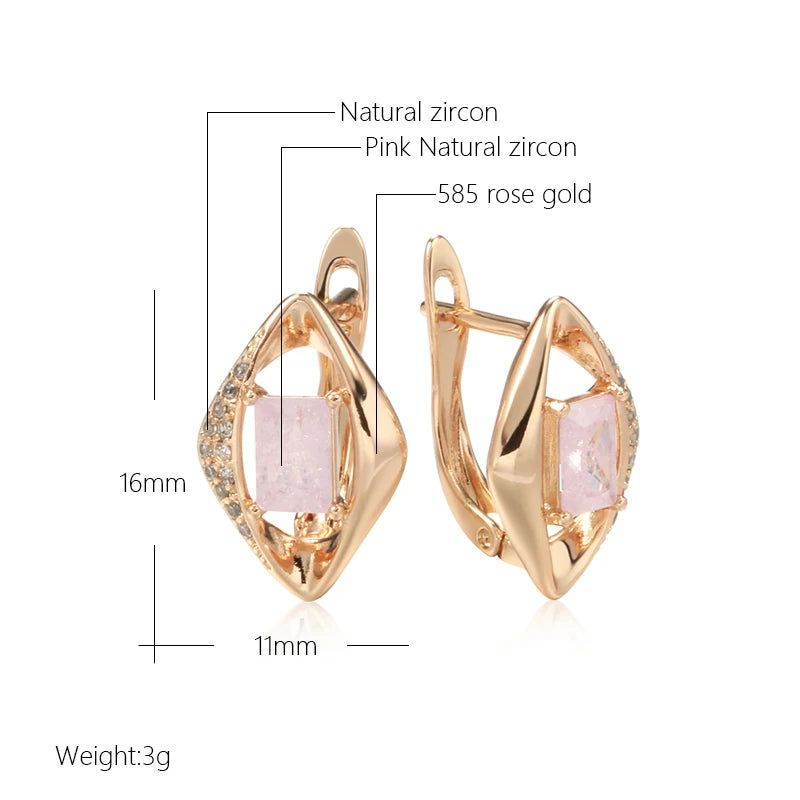 Geometric Elegance: Pink Natural Zircon Drop Earrings in 585 Rose Gold