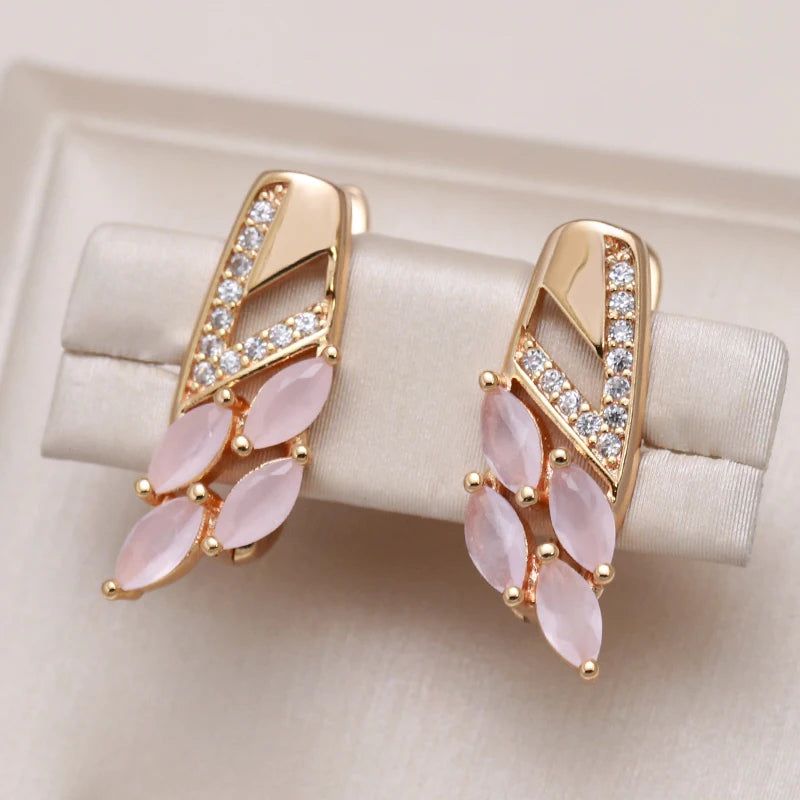 Geometric Elegance: Pink Natural Zircon Drop Earrings in 585 Rose Gold Luxury Design