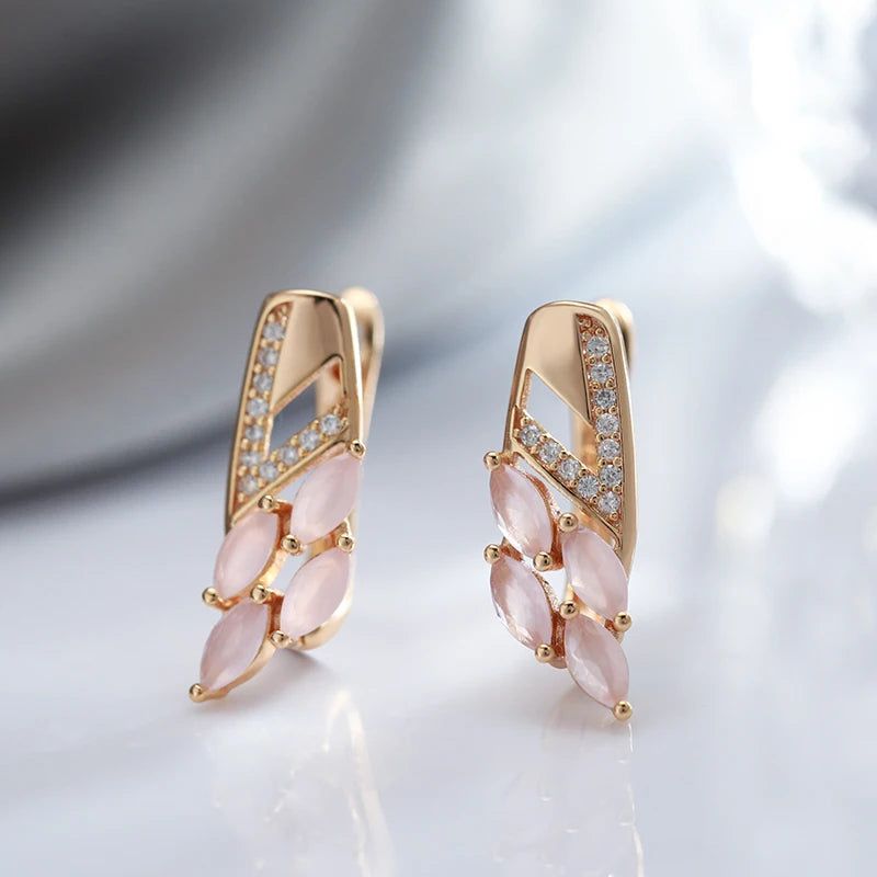 Geometric Elegance: Pink Natural Zircon Drop Earrings in 585 Rose Gold Luxury Design