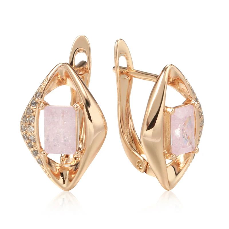 Geometric Elegance: Pink Natural Zircon Drop Earrings in 585 Rose Gold