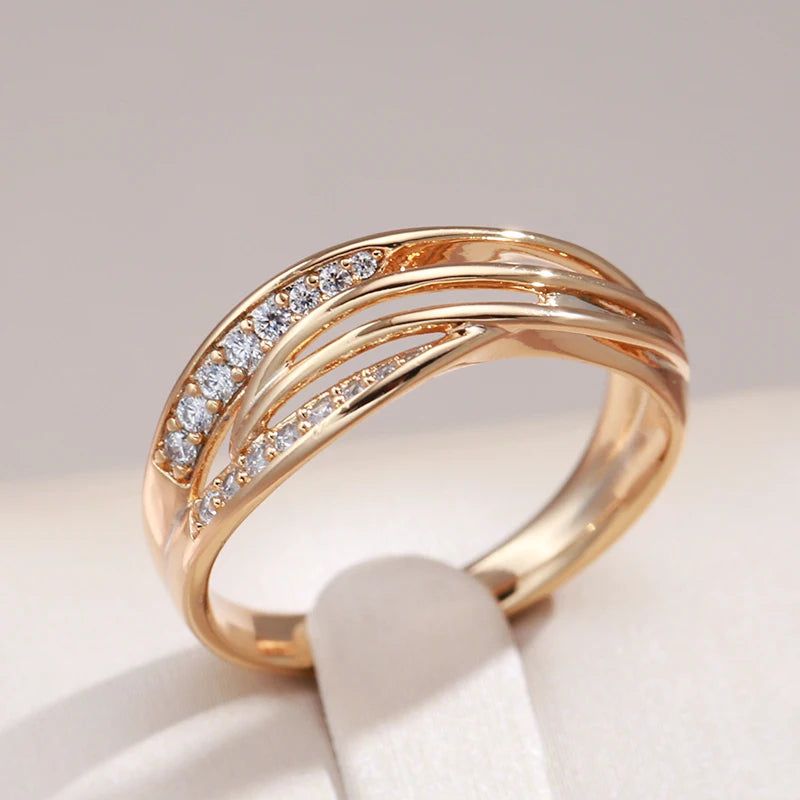 Geometric Elegance Rose Gold Cross Ring with Natural Zircon Accents