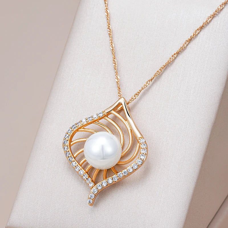 Geometric Elegance: Rose Gold Pendant Necklace with Pearl and Natural Zircon for Bridal and Special Occasions