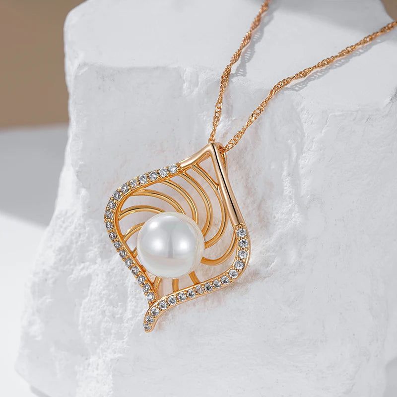 Geometric Elegance: Rose Gold Pendant Necklace with Pearl and Natural Zircon for Bridal and Special Occasions