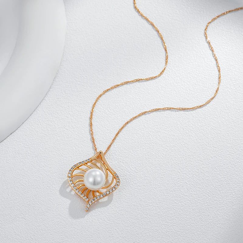 Geometric Elegance: Rose Gold Pendant Necklace with Pearl and Natural Zircon for Bridal and Special Occasions