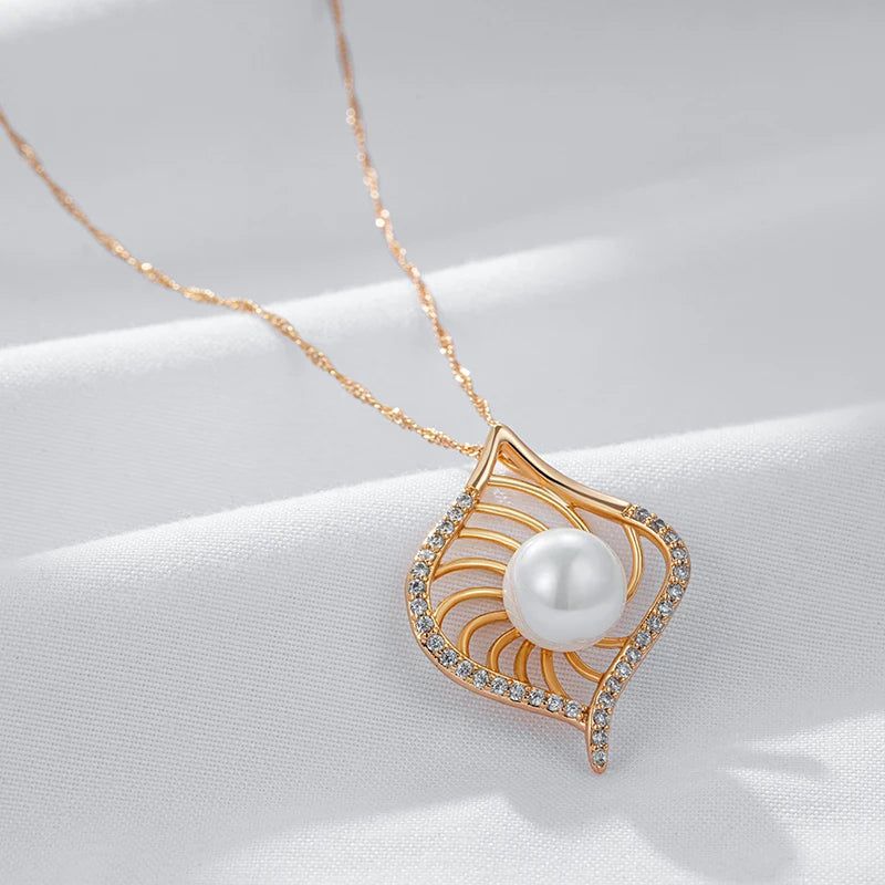 Geometric Elegance: Rose Gold Pendant Necklace with Pearl and Natural Zircon for Bridal and Special Occasions