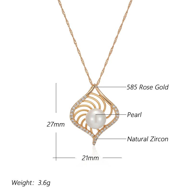 Geometric Elegance: Rose Gold Pendant Necklace with Pearl and Natural Zircon for Bridal and Special Occasions