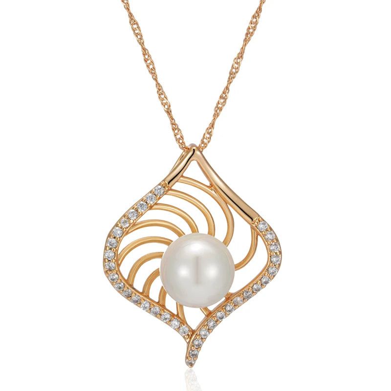 Geometric Elegance: Rose Gold Pendant Necklace with Pearl and Natural Zircon for Bridal and Special Occasions