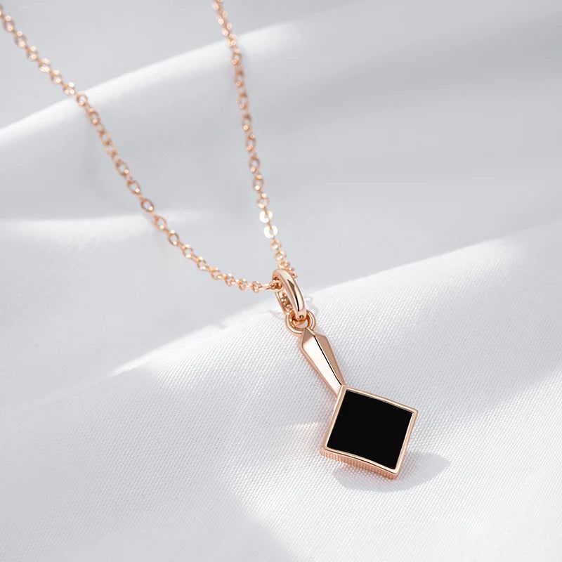 Geometric Elegance: Vintage Black Stone Pendant Necklace in 585 Rose Gold Finish