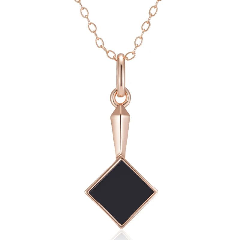 Geometric Elegance: Vintage Black Stone Pendant Necklace in 585 Rose Gold Finish