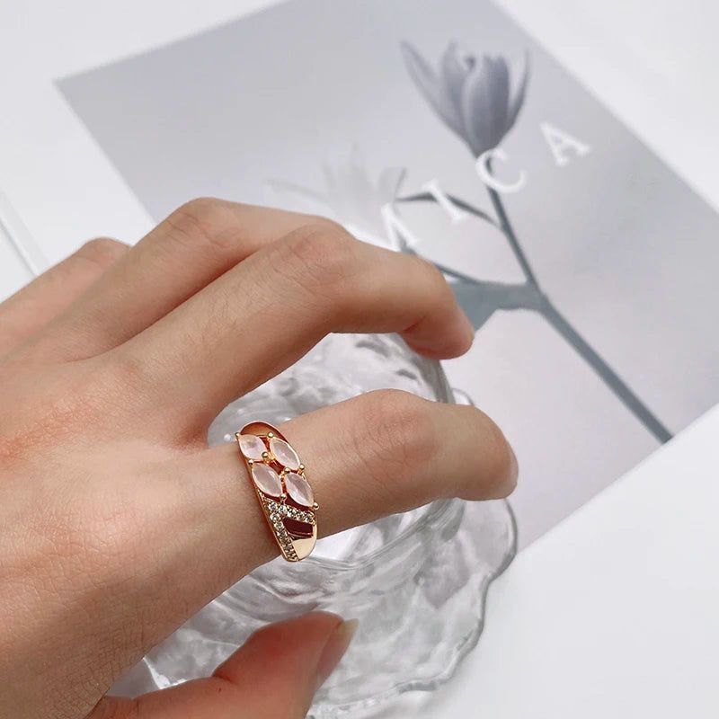 Geometric Luxury Pink Zircon Ring in 585 Rose Gold – Unique Cocktail Jewelry