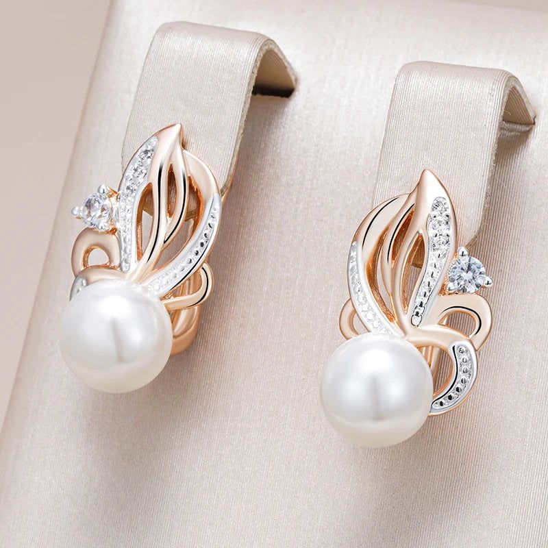 Geometric Pearl Drop Earrings in 585 Rose Gold and Silver with Natural Zircon - Boho Chic Jewelry