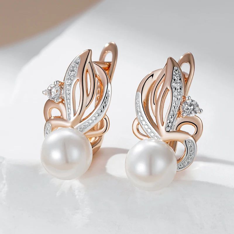 Geometric Pearl Drop Earrings in 585 Rose Gold and Silver with Natural Zircon - Boho Chic Jewelry