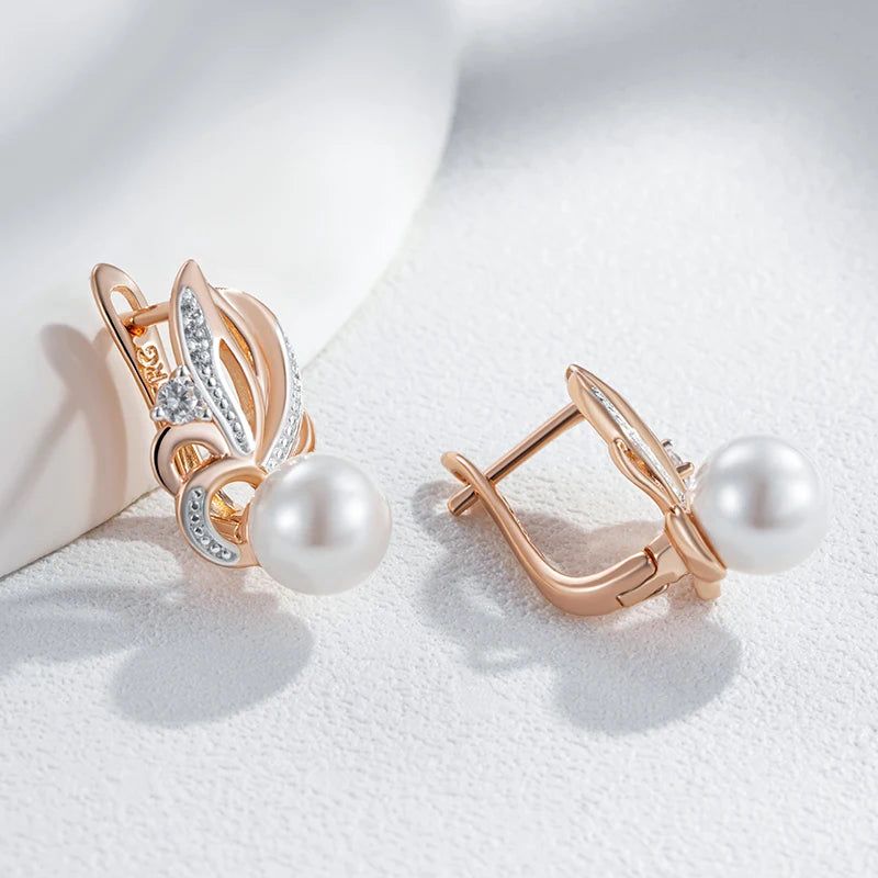 Geometric Pearl Drop Earrings in 585 Rose Gold and Silver with Natural Zircon - Boho Chic Jewelry