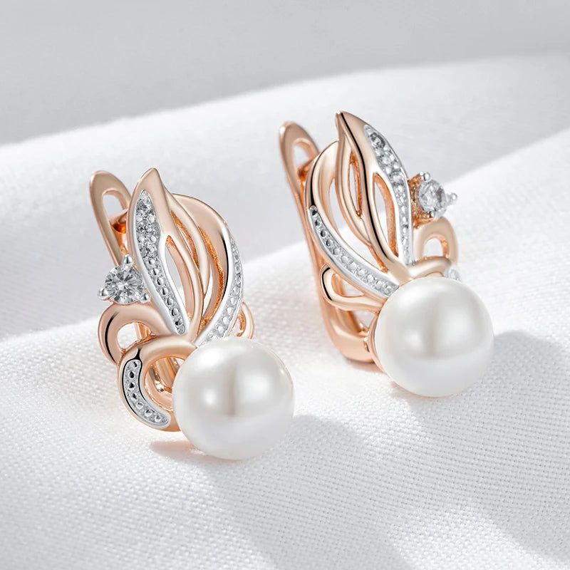 Geometric Pearl Drop Earrings in 585 Rose Gold and Silver with Natural Zircon - Boho Chic Jewelry