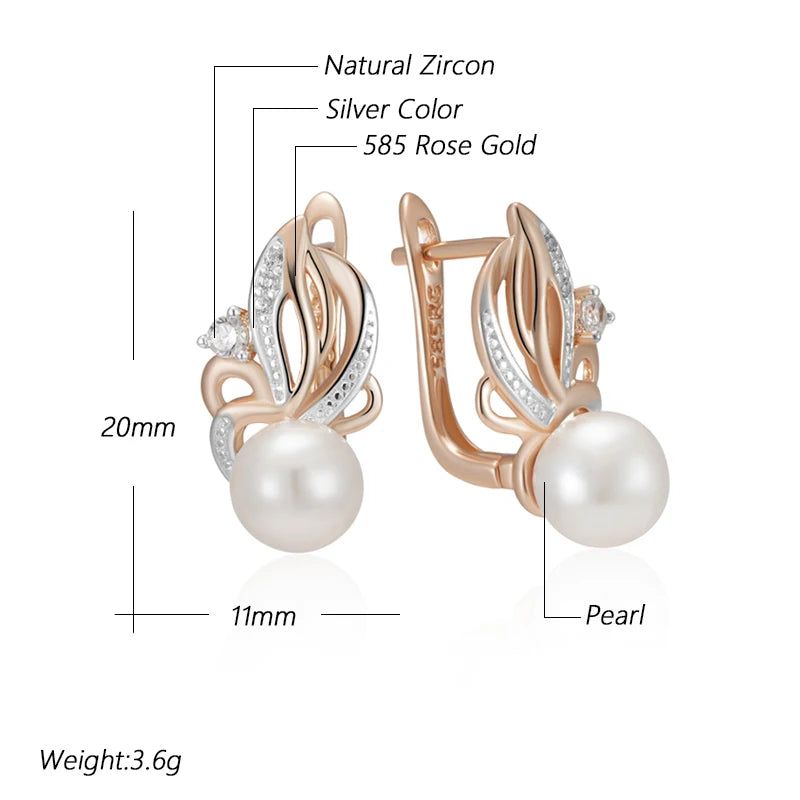 Geometric Pearl Drop Earrings in 585 Rose Gold and Silver with Natural Zircon - Boho Chic Jewelry