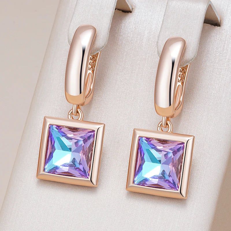 Geometric Purple Zircon Drop Earrings in 585 Rose Gold - Chic Vintage Style Jewelry