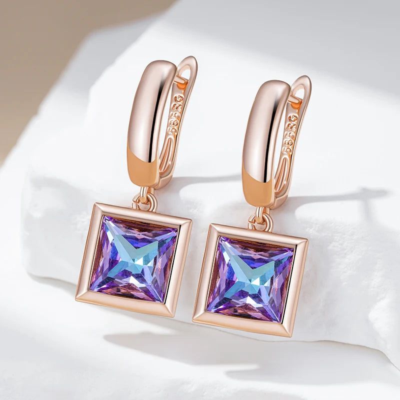 Geometric Purple Zircon Drop Earrings in 585 Rose Gold - Chic Vintage Style Jewelry