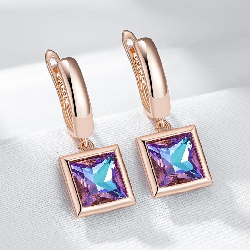 Geometric Purple Zircon Drop Earrings in 585 Rose Gold - Chic Vintage Style Jewelry