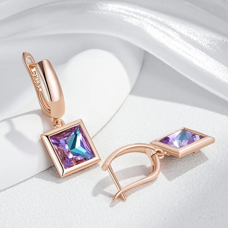 Geometric Purple Zircon Drop Earrings in 585 Rose Gold - Chic Vintage Style Jewelry