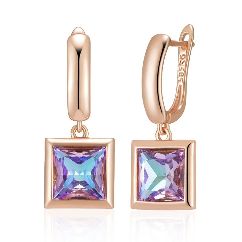 Geometric Purple Zircon Drop Earrings in 585 Rose Gold - Chic Vintage Style Jewelry