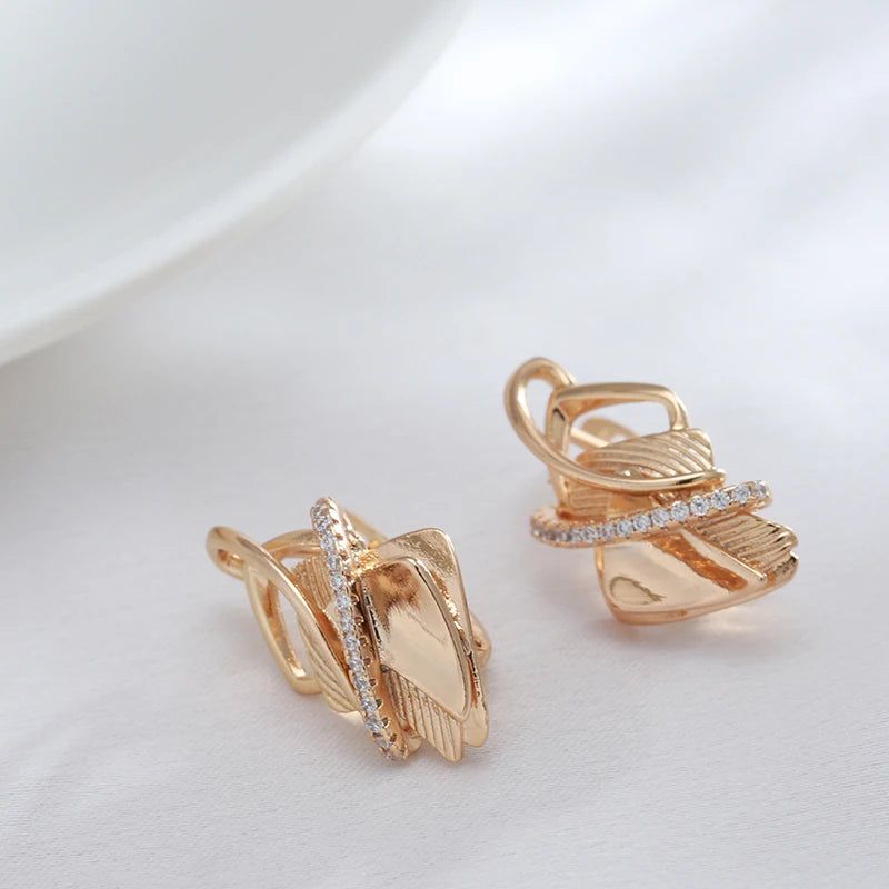 Geometric Rose Gold Dangle Earrings with Natural Zircon - Elegant Modern Jewelry