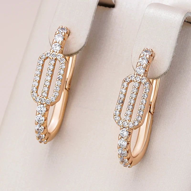 Geometric Rose Gold Drop Earrings with Natural Zircon Accents