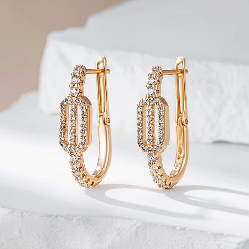 Geometric Rose Gold Drop Earrings with Natural Zircon Accents