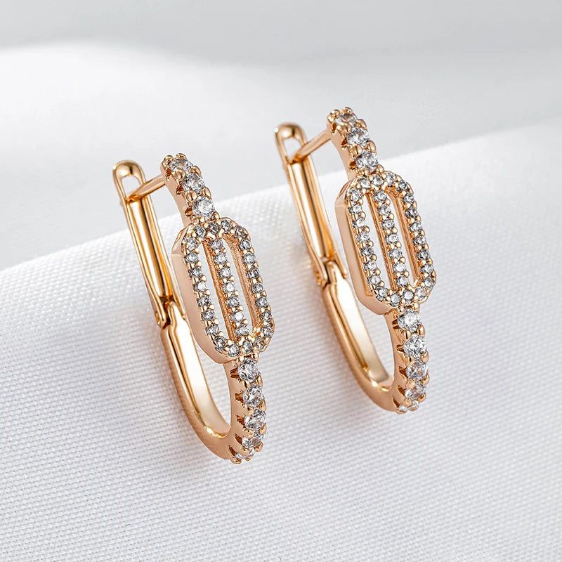 Geometric Rose Gold Drop Earrings with Natural Zircon Accents