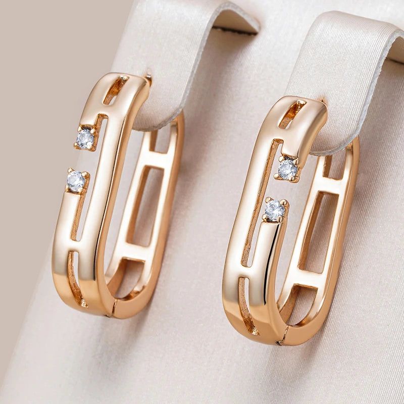 Geometric Rose Gold Hoop Earrings with Natural Zircon - Vintage-Inspired Jewelry