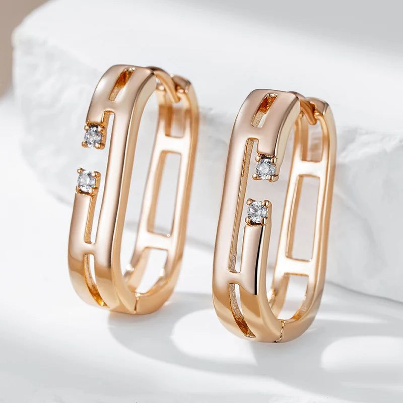 Geometric Rose Gold Hoop Earrings with Natural Zircon - Vintage-Inspired Jewelry