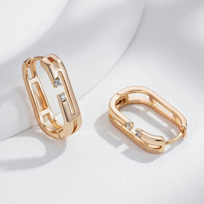 Geometric Rose Gold Hoop Earrings with Natural Zircon - Vintage-Inspired Jewelry