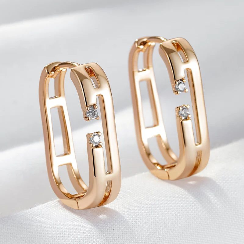 Geometric Rose Gold Hoop Earrings with Natural Zircon - Vintage-Inspired Jewelry