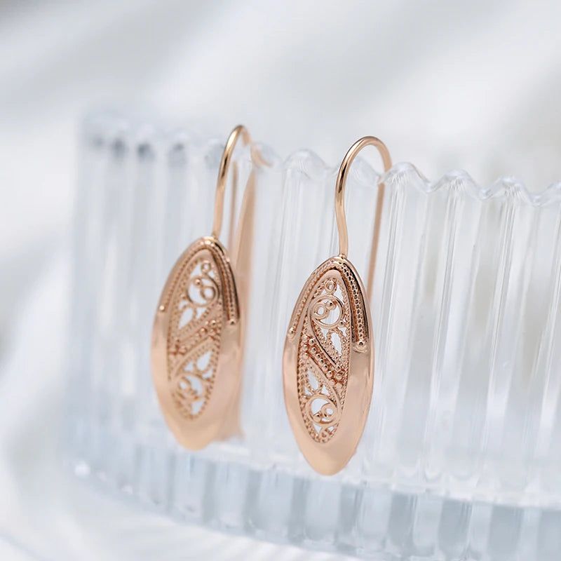 Geometric Rose Gold Long Drop Earrings with Hollow Flower Design - Trendy Fashion Jewelry