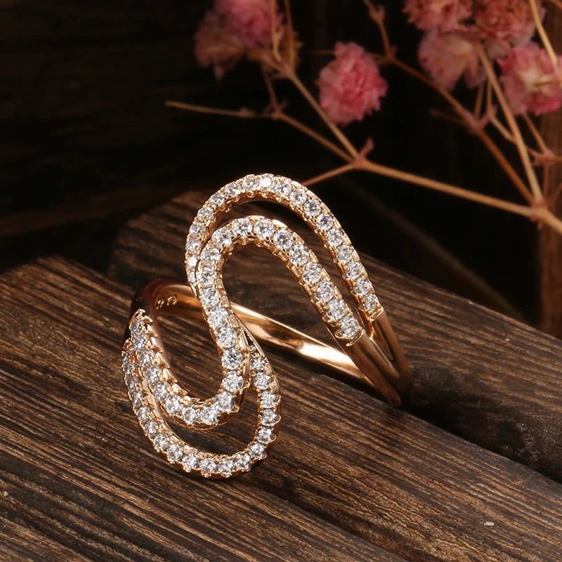 Geometric Wave 585 Rose Gold Ring with Natural Zircon Crystals – Elegant Fashion Jewelry