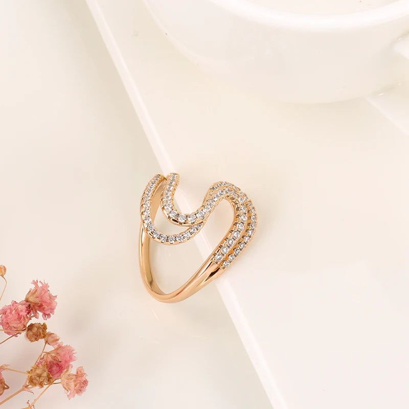 Geometric Wave 585 Rose Gold Ring with Natural Zircon Crystals – Elegant Fashion Jewelry