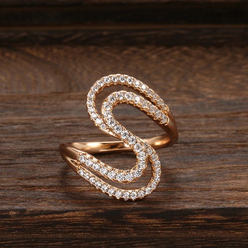 Geometric Wave 585 Rose Gold Ring with Natural Zircon Crystals – Elegant Fashion Jewelry