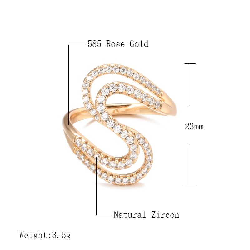 Geometric Wave 585 Rose Gold Ring with Natural Zircon Crystals – Elegant Fashion Jewelry