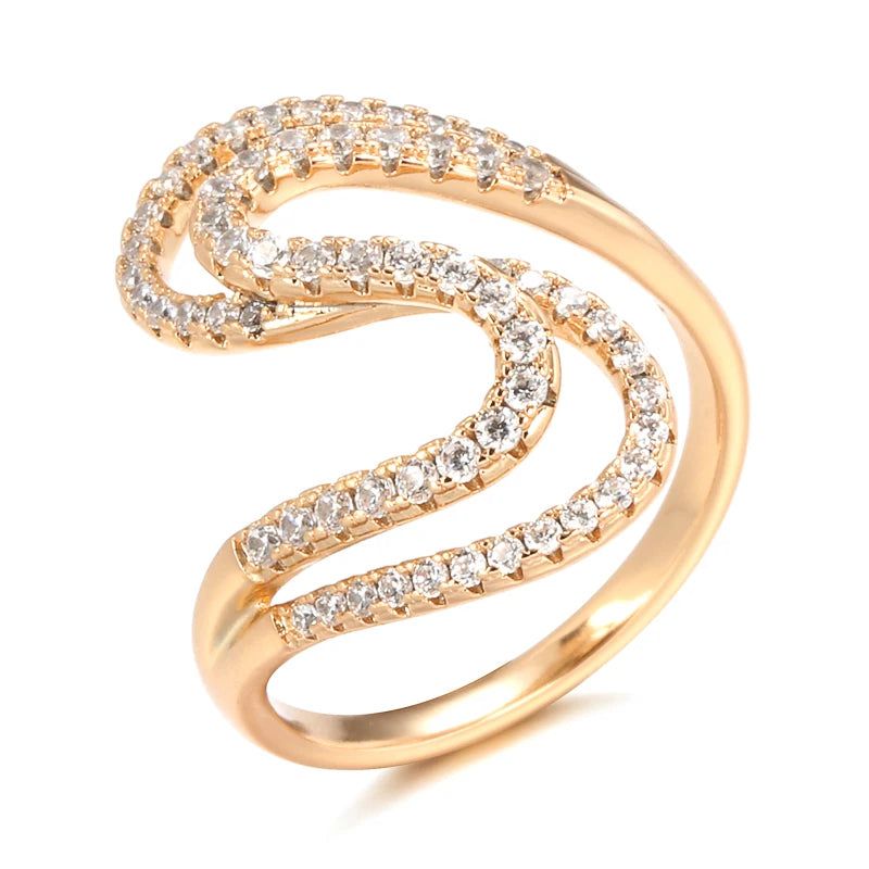 Geometric Wave 585 Rose Gold Ring with Natural Zircon Crystals – Elegant Fashion Jewelry