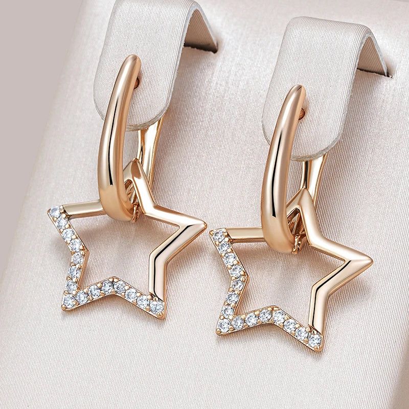 Glamorous 585 Gold Star Dangle Earrings Adorned with Natural Zircon