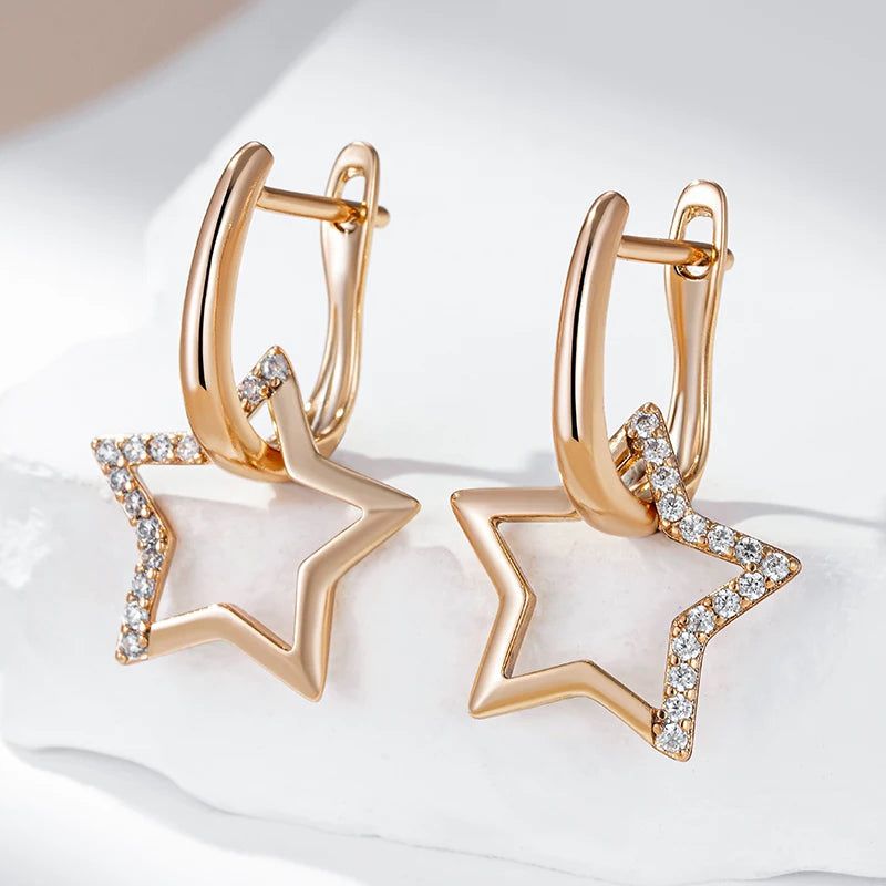 Glamorous 585 Gold Star Dangle Earrings Adorned with Natural Zircon