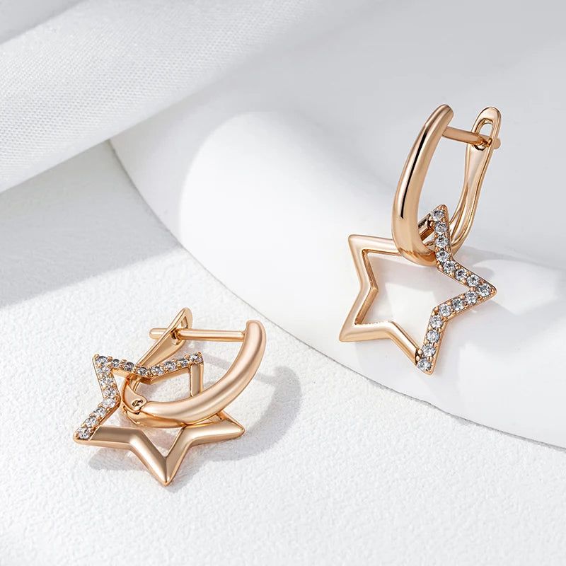 Glamorous 585 Gold Star Dangle Earrings Adorned with Natural Zircon